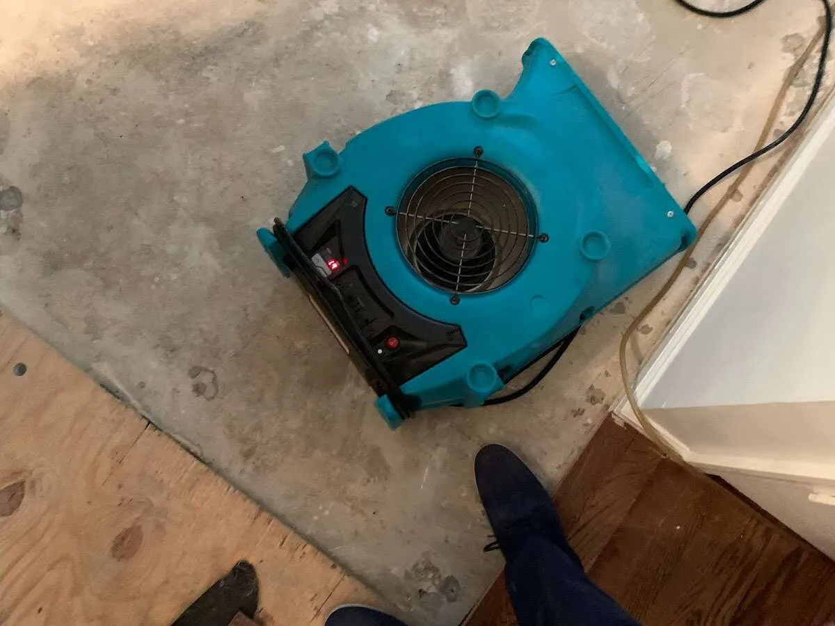 Air mover drying subfloor during Commercial Water Damage Restoration in Loudon